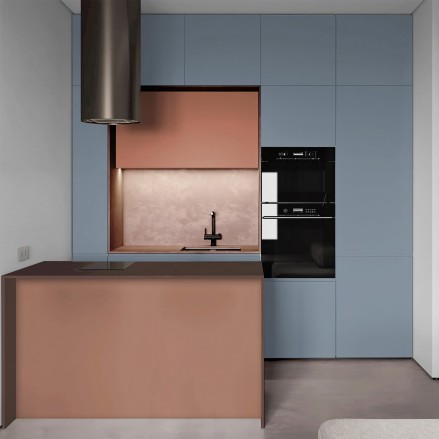 Cocina decorada con vinilo adhesivo azul pastel en los muebles, fácil de poner y de durabilidad prolongada.