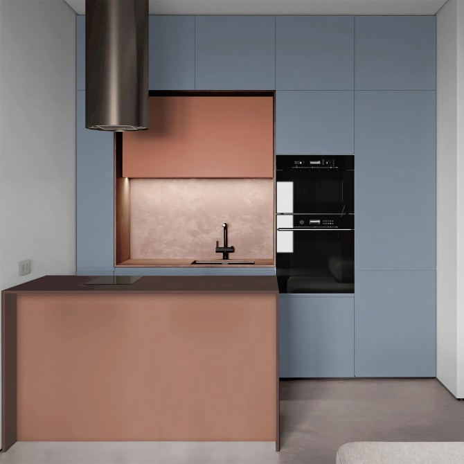 Cocina decorada con vinilo adhesivo azul pastel en los muebles, fácil de poner y de durabilidad prolongada.