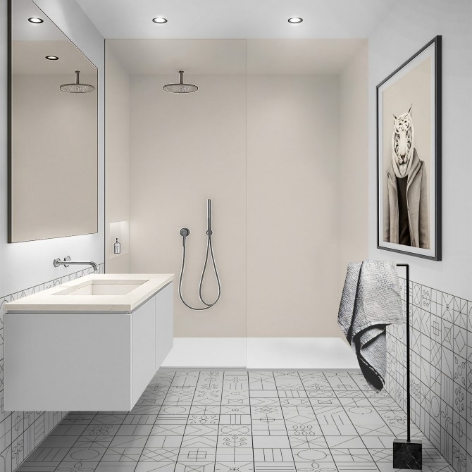 Baño reformado sin obras con vinilo adhesivo blanco roto en las paredes, apto para zonas húmedas y de fácil instalación