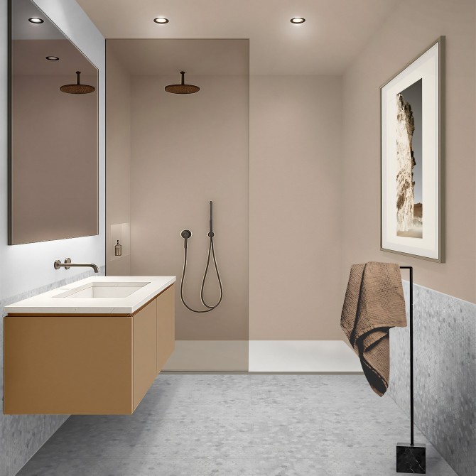 Baño con vinilo adhesivo camel en la ducha, impermeable y antibacterias, lavable