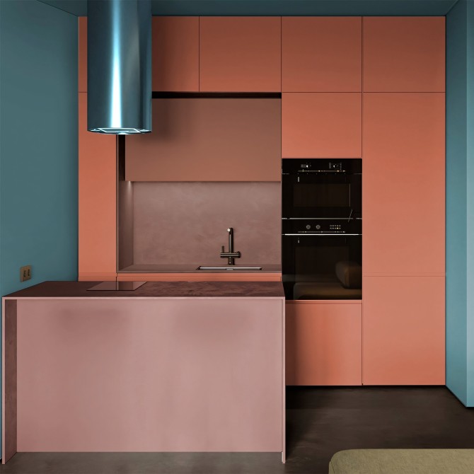 Cocina moderna decorada con vinilo adhesivo coral en los muebles, resistente al calor y fácil de limpiar