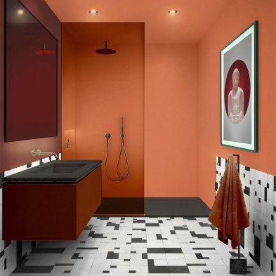 Baño pequeño con vinilo adhesivo coral en las paredes, impermeable, antibacterias, resistente a productos de limpieza