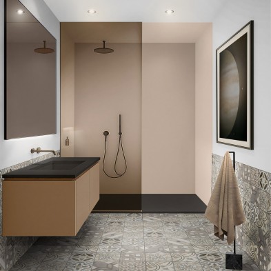 Bathroom renovated with cream adhesive vinyl on the walls, waterproof and with a 10-year warranty