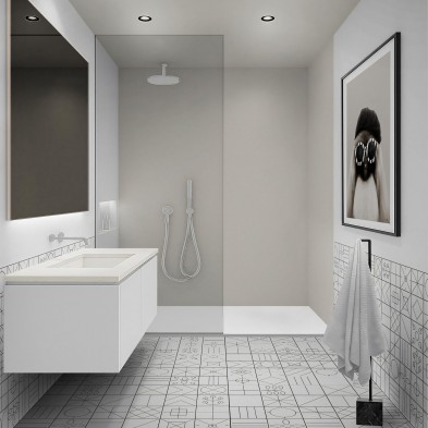 Vinilo adhesivo de color Gris Neutro para la pared de la ducha. Impermeable y resistente al vapor y la humedad.