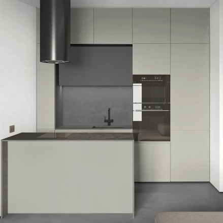 Cocina sin obras con vinilo adhesivo Color Gris calido en muebles, lavable, ignífugo y resistente a productos de limpieza.