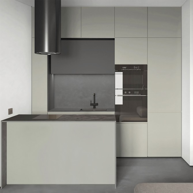 Cocina sin obras con vinilo adhesivo Color Gris calido en muebles, lavable, ignífugo y resistente a productos de limpieza.