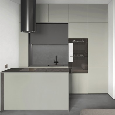 Cocina sin obras con vinilo adhesivo Color Gris calido en muebles, lavable, ignífugo y resistente a productos de limpieza.