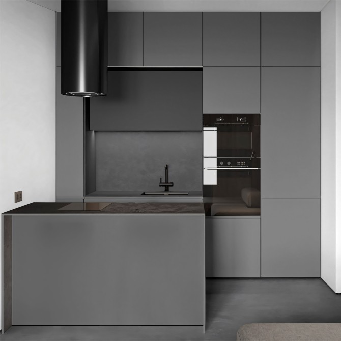 Cocina sin obras con vinilo adhesivo Color Gris Medio en muebles, lavable, ignífugo y resistente a productos de limpieza.