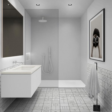 Vinilo adhesivo de color Gris Ultra claro para la pared de la ducha. Impermeable y resistente al vapor y la humedad.