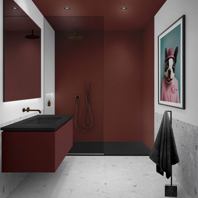 Vinilo adhesivo de color Granate para la pared de la ducha. Impermeable y resistente al vapor y la humedad.