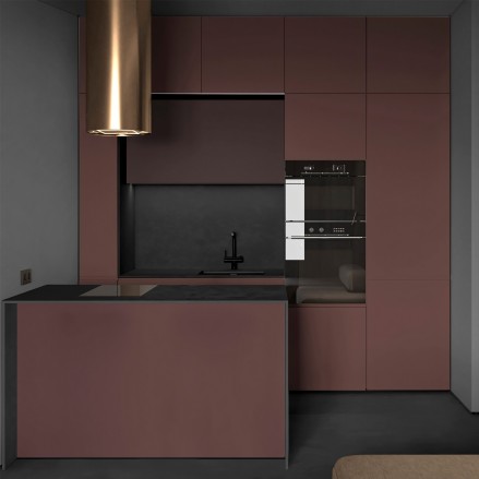 Cocina sin obras con vinilo adhesivo Color Granate en muebles, lavable, ignífugo y resistente a productos de limpieza.