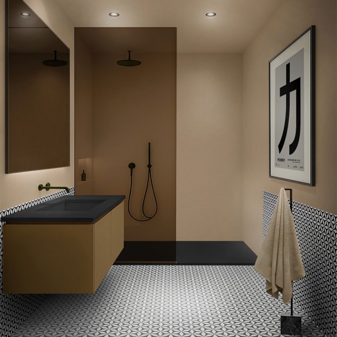 Baño con vinilo adhesivo khaki en la ducha, impermeable y fácil de poner