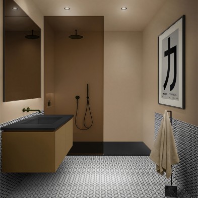 Baño con vinilo adhesivo khaki en la ducha, impermeable y fácil de poner