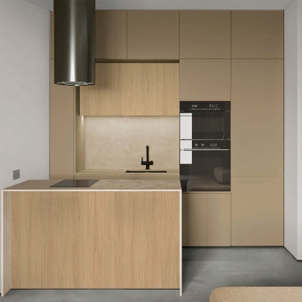 Cocina forrada con vinilo adhesivo khaki en los armarios, resistente al calor y mantiene su aspecto original