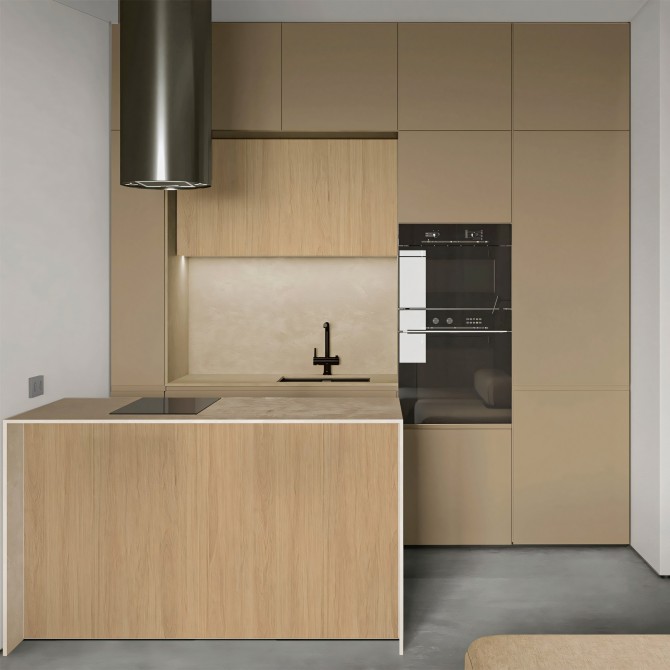 Cocina forrada con vinilo adhesivo khaki en los armarios, resistente al calor y mantiene su aspecto original