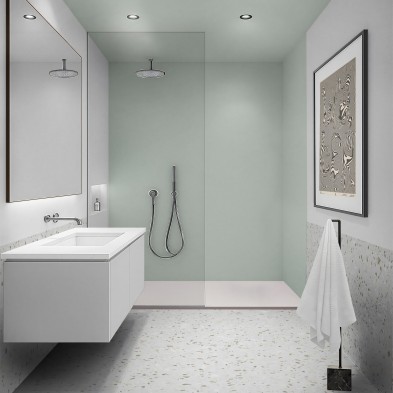 Vinilo adhesivo de color Menta Serena para pared de ducha. Soporta agua constante el vapor y la humedad.