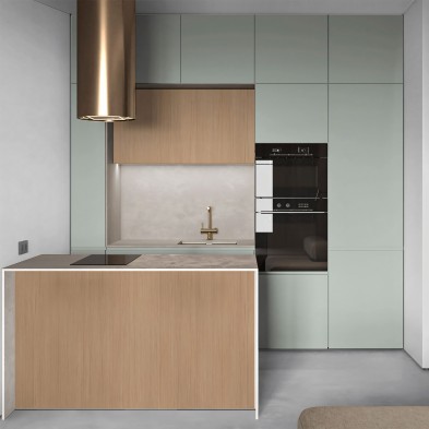 Cocina sin obras con vinilo adhesivo Color Menta Serena en muebles, lavable, ignífugo y resistente a productos de limpieza.