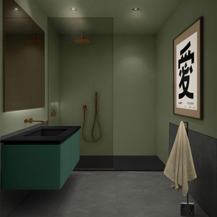 Vinilo adhesivo de color Verde engrisado. Fácil de instalar, impermeable y diseñado para no despegarse en la pared de la ducha.