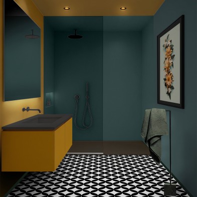 Renueva tu mueble de baño con vinilo adhesivo de color Mostaza. Resistente al deterioro causado por productos cosméticos y agua.