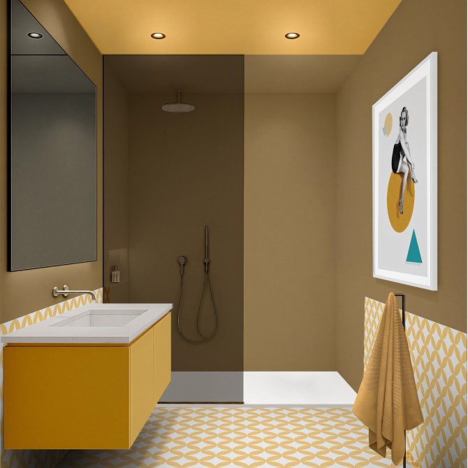 Renueva tu mueble de baño con vinilo adhesivo de color Mostaza Medio. Resistente al deterioro causado por productos de limpieza.