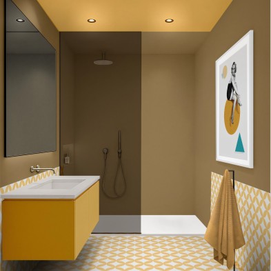 Renueva tu mueble de baño con vinilo adhesivo de color Mostaza Medio. Resistente al deterioro causado por productos de limpieza.