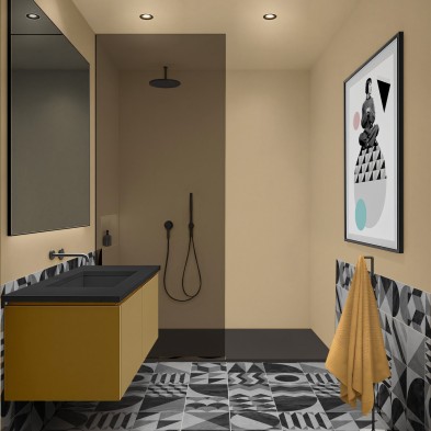 Vinilo adhesivo de color Beige verdoso para pared de ducha. Soporta agua constante y no se despega por el vapor ni la humedad.
