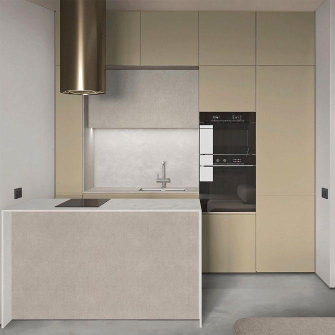 Cocina sin obras con vinilo adhesivo Color Beige verdoso en muebles, lavable, ignífugo y resistente a productos de limpieza.