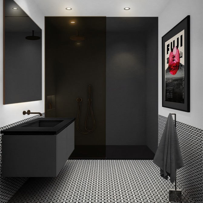 Baño moderno renovado con vinilo adhesivo Color Negro en la pared de la ducha, impermeable y antibacterias