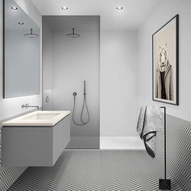 Modern bathroom with white adhesive vinyl on the walls, waterproof and easy to apply