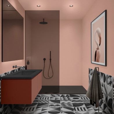 Vinilo adhesivo de color Rosa Cálido para pared de ducha. Soporta agua constante y no se despega por el vapor ni la humedad.