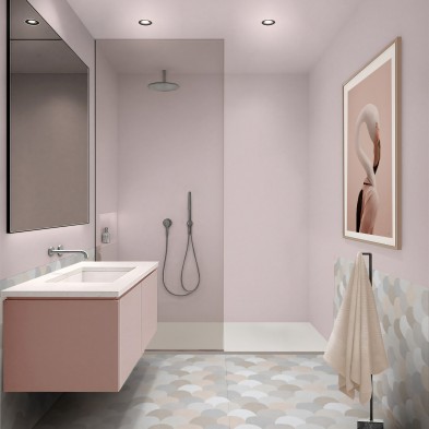 Vinilo adhesivo de color Rosa Calma para pared de ducha. Soporta agua constante el vapor y la humedad.