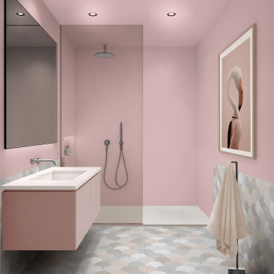 Vinilo adhesivo de color Rosa Cuarzo. Fácil de instalar, impermeable y diseñado para no despegarse en la pared de la ducha.