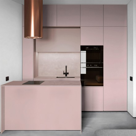 Cocina sin obras con vinilo adhesivo Color Rosa cuarzo en muebles, lavable, ignífugo y resistente, fácil instalación.