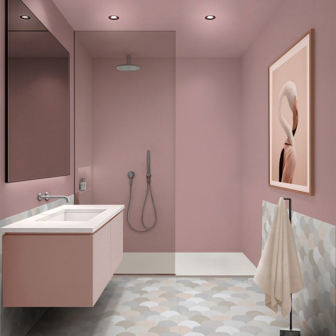 Vinilo adhesivo de color rosa Glam. Fácil de instalar, impermeable y diseñado para no despegarse en la pared de la ducha.