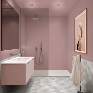 Vinilo adhesivo de color rosa Glam. Fácil de instalar, impermeable y diseñado para no despegarse en la pared de la ducha.