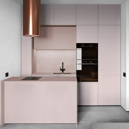 Cocina con vinilo adhesivo Color Rosa Pastel en muebles, lavable, ignífugo y resistente a productos de limpieza.