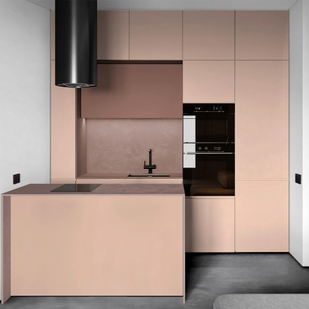 Cocina con vinilo adhesivo Color Rosa Pastel Cálido en muebles, lavable, ignífugo y resistente a productos de limpieza.