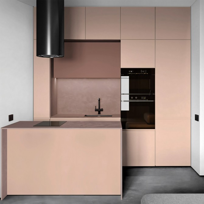 Cocina con vinilo adhesivo Color Rosa Pastel Cálido en muebles, lavable, ignífugo y resistente a productos de limpieza.