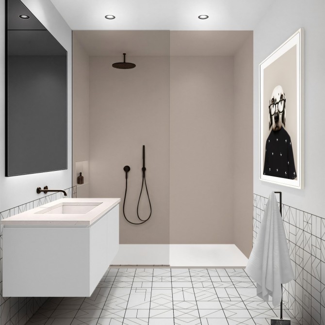 Baño con vinilo adhesivo Taupé en la ducha, apto para zonas húmedas y con tintas ecológicas