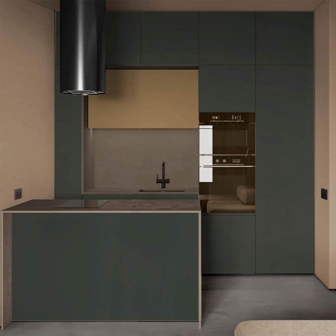 Cocina sin obras con vinilo adhesivo Color Verde Azul Medio en muebles, lavable, ignífugo y resistente a productos de limpieza.