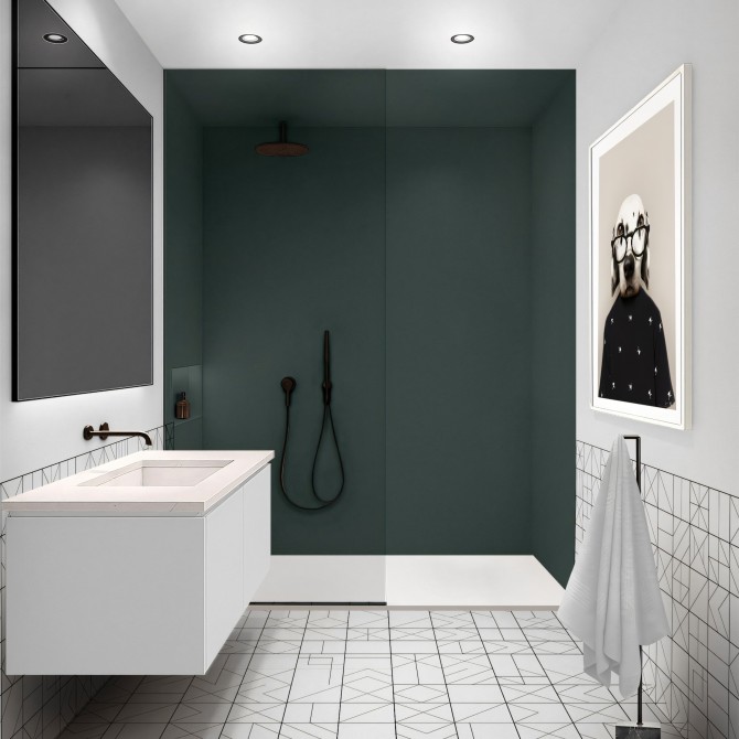 Vinilo adhesivo de color Verde Azul Medio para pared de ducha. Soporta agua constante el vapor y la humedad.
