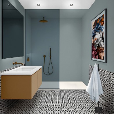 Vinilo adhesivo de color Azul verdoso para la pared de la ducha. Impermeable y resistente al vapor y la humedad.