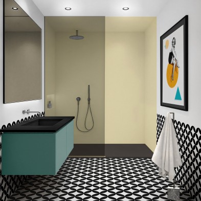 Vinilo adhesivo de color Amarillo pastel para pared de ducha. Soporta agua constante y no se despega por el vapor ni la humedad.