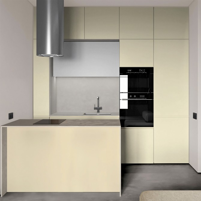 Cocina sin obras con vinilo adhesivo Color amarillo pastel en muebles, lavable, ignífugo y resistente a productos de limpieza.