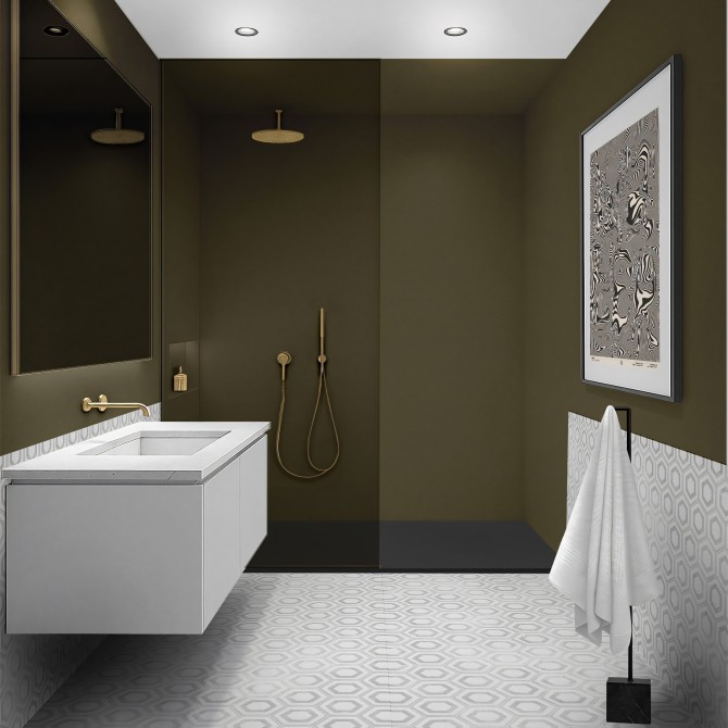 Vinilo adhesivo de color Verde Oliva para pared de ducha. Soporta agua constante y no se despega por el vapor ni la humedad.