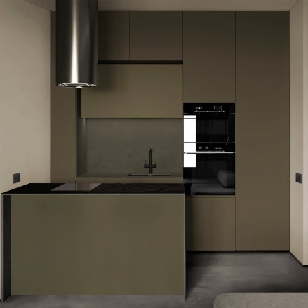 Cocina sin obras con vinilo adhesivo Color Verde Oliva en muebles, lavable, ignífugo y resistente a productos de limpieza.