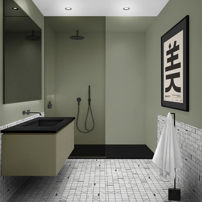 Baño moderno renovado con vinilo adhesivo Color Verde Pálido en la ducha, impermeable y antibacterias