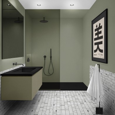 Baño moderno renovado con vinilo adhesivo Color Verde Pálido en la ducha, impermeable y antibacterias