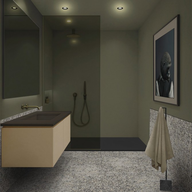 Baño moderno renovado con vinilo adhesivo Color Verde Salvia en la ducha, impermeable y antibacterias