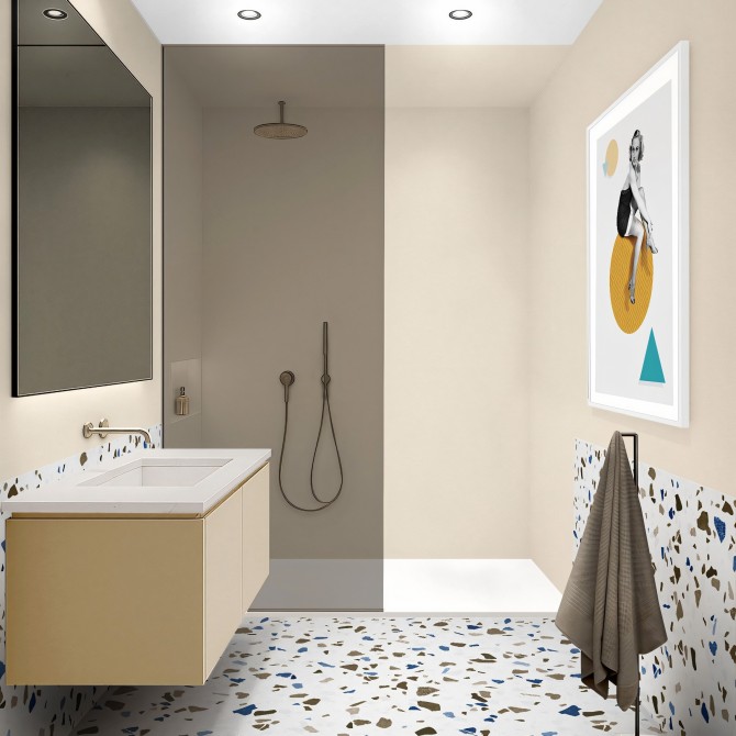 Baño luminoso con vinilo adhesivo Velvet en la ducha, impermeable y de durabilidad prolongada.